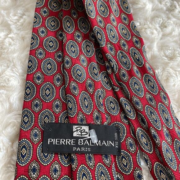 Pierre Balmain Paris Men’s Silk Tie Medallion Print Red Blue Gold Made in USA - Picture 3 of 6